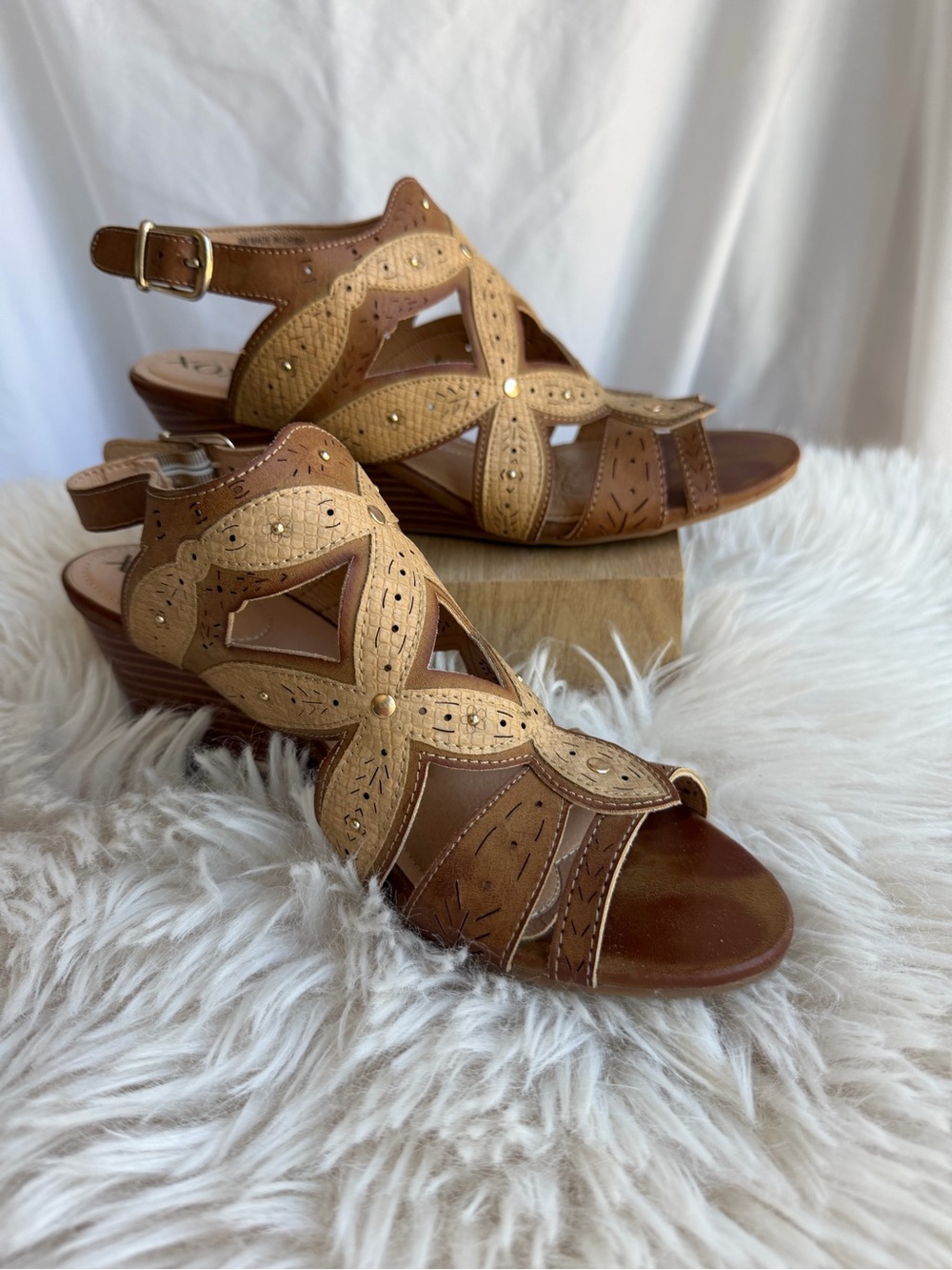 XOXO Brown and Tan Leather Cutout Wedge Sandals